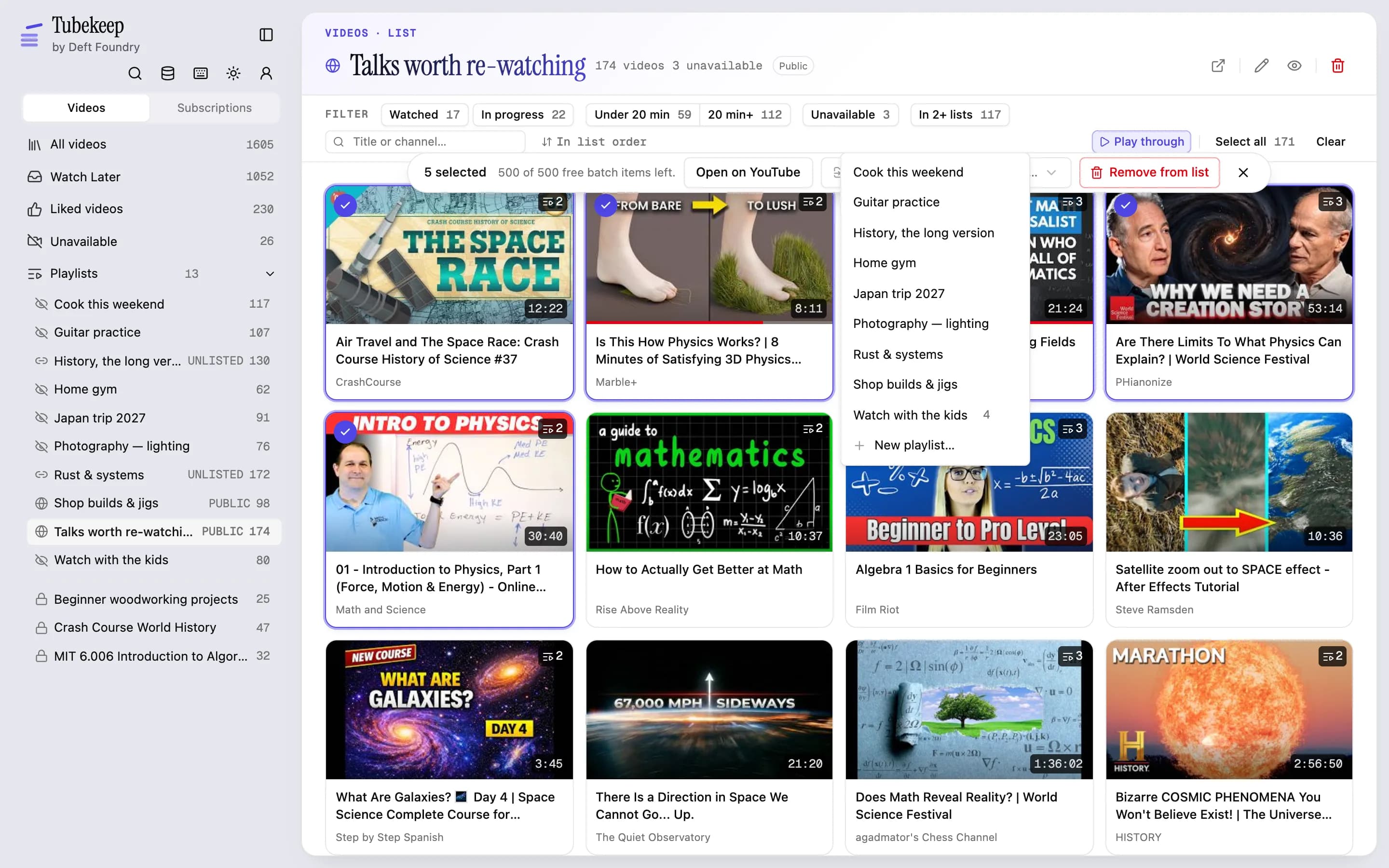 The Tubekeep pane for “Talks worth re-watching” — 174 videos, 3 unavailable, Public — with five cards ticked and the Move to… picker open over the grid, listing every other playlist and a New playlist… row.