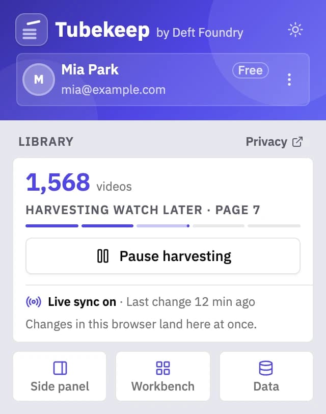 The Tubekeep popup mid-read: an indigo banner with the account card, then a Library card — 1,568 videos counted, 'Harvesting Watch Later · page 7' over a five-segment progress bar, a Pause harvesting button, a Live sync line — and three doors: Side panel, Workbench, Data.