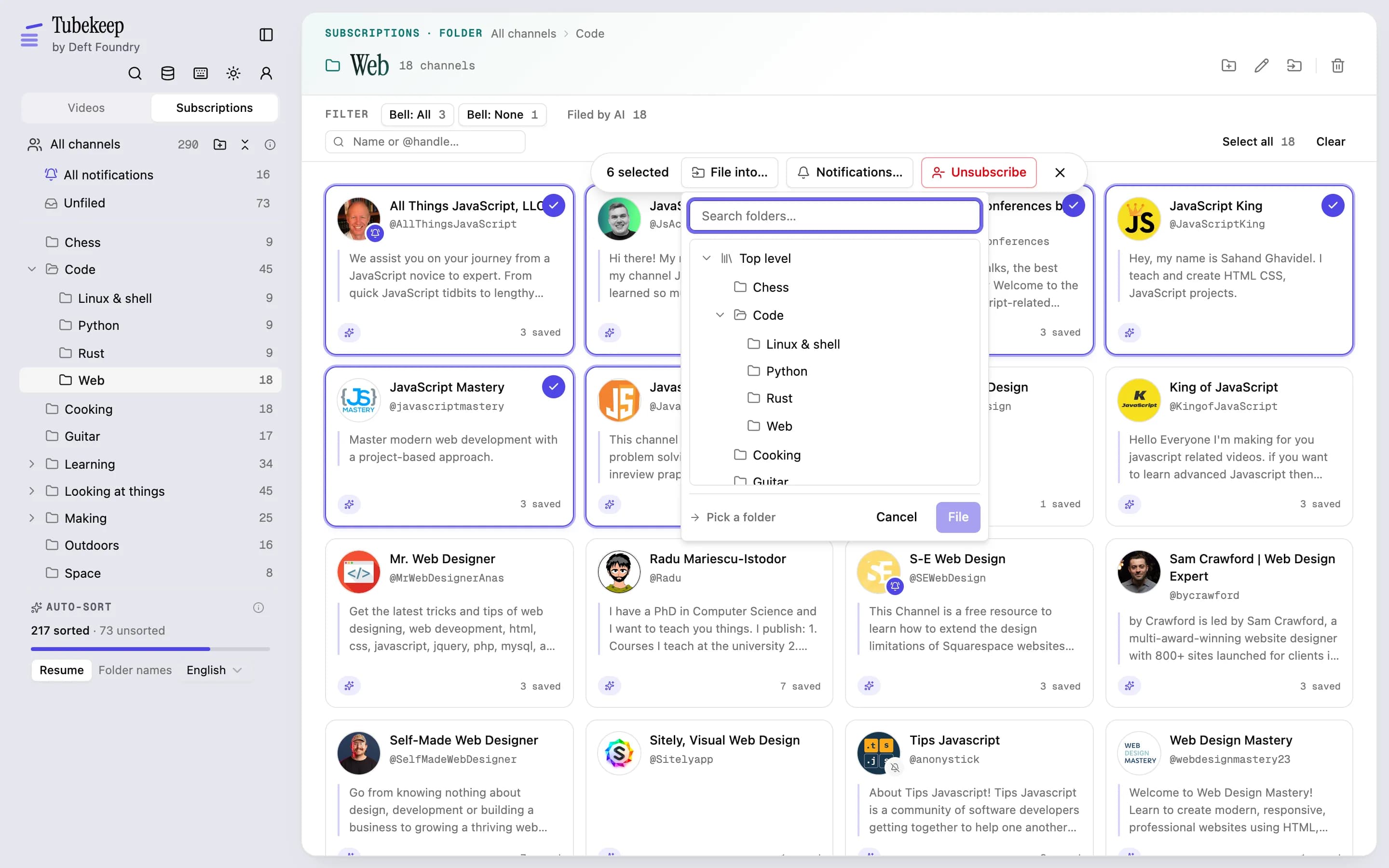 The Tubekeep Subscriptions pane inside Code’s Web folder (18 channels): the folder tree in the rail (Chess, Code, Cooking, Guitar, Learning…) with Web lit, channel cards with avatars, @handles, descriptions and their saved counts, six ticked, and the File into… picker open over them.