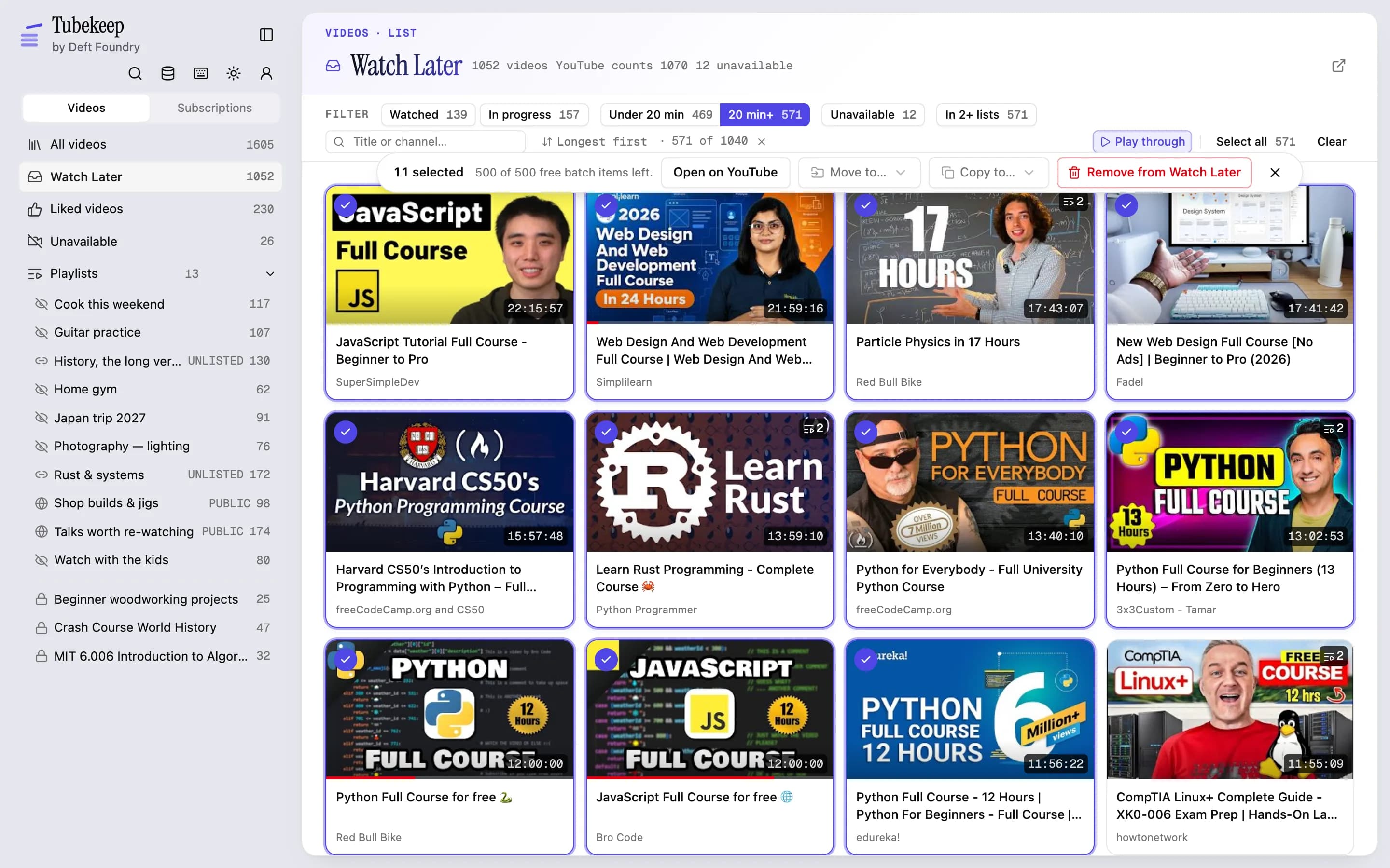 The Tubekeep workbench on Watch Later — 1,052 videos, YouTube counting 1,070 — with the filter row narrowed to 20 min+ (571), sorted longest-first, eleven cards ticked, and a floating bar reading “11 selected · 500 of 500 free batch items left” beside Open on YouTube, Move to, Copy to and Remove from Watch Later.
